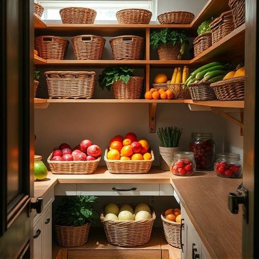 Despensa con cestas de mimbre organizando frutas y verduras de temporada
