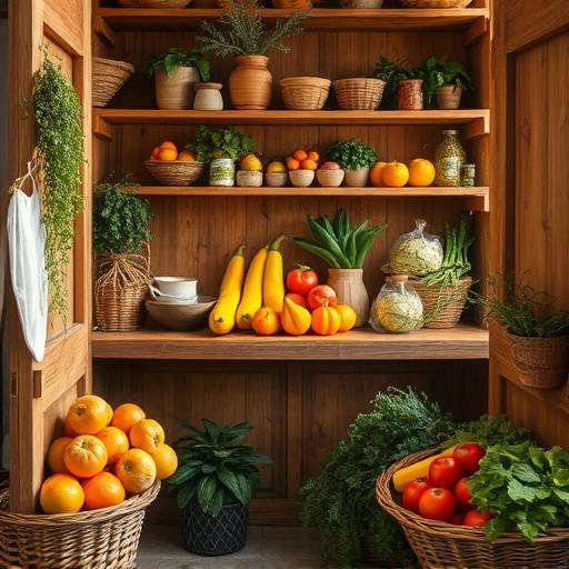 Despensa con productos frescos de temporada, como frutas, verduras y hierbas arom&radic;&deg;ticas.