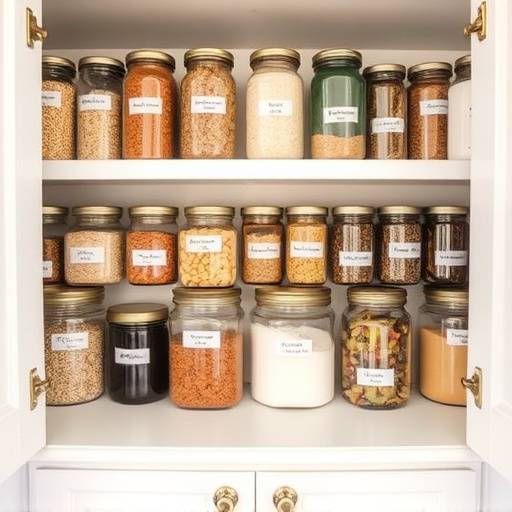 Despensa organizada con tarros de cristal y etiquetas para legumbres, cereales y especias.