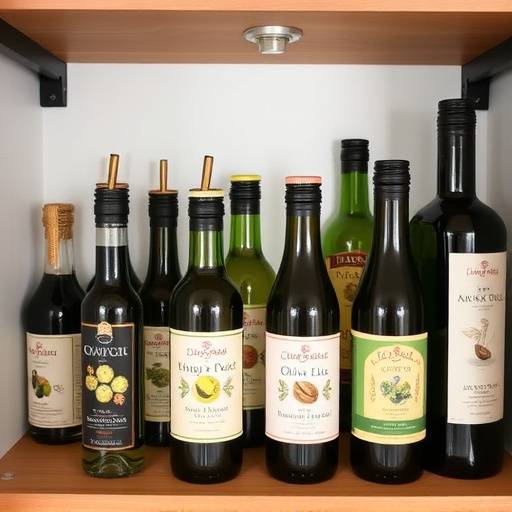 Estanter&radic;&ne;a de despensa con botellas de aceite de oliva organizadas por tipo y fecha.