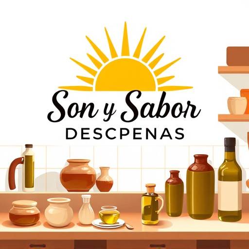 Logotipo de Sol y Sabor Despensas: un sol radiante sobre una despensa abierta mostrando tarros de cer&aacute;mica y aceite de oliva