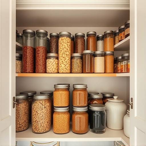 Una despensa organizada con tarros de cer&aacute;mica llenos de legumbres y especias, iluminada con luz natural.